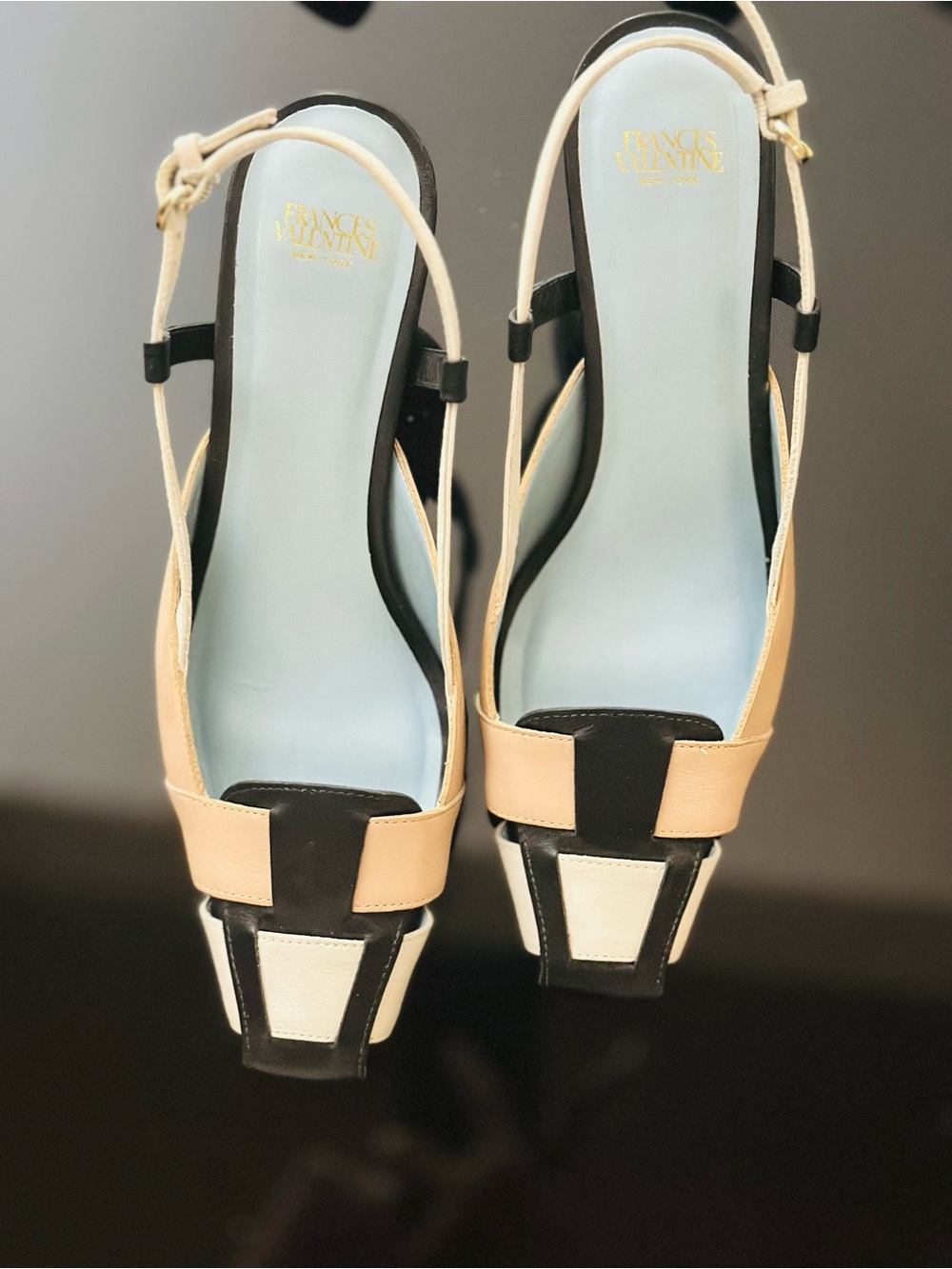 Frances Valentine Tri-Color Slingback Pumps in Beige, Black & White